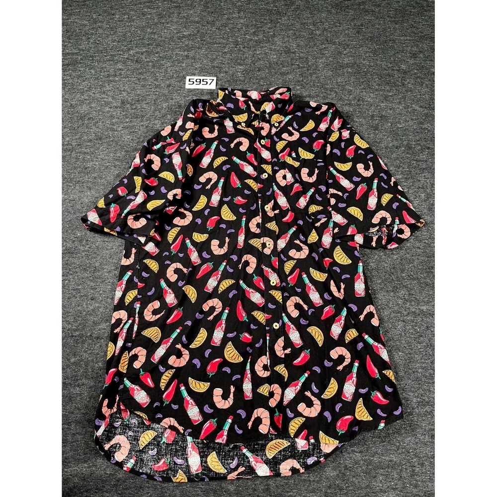 Tabasco Shirt Mens L Black Cotton Shrimp Scampi Print Short Sleeve Button Down